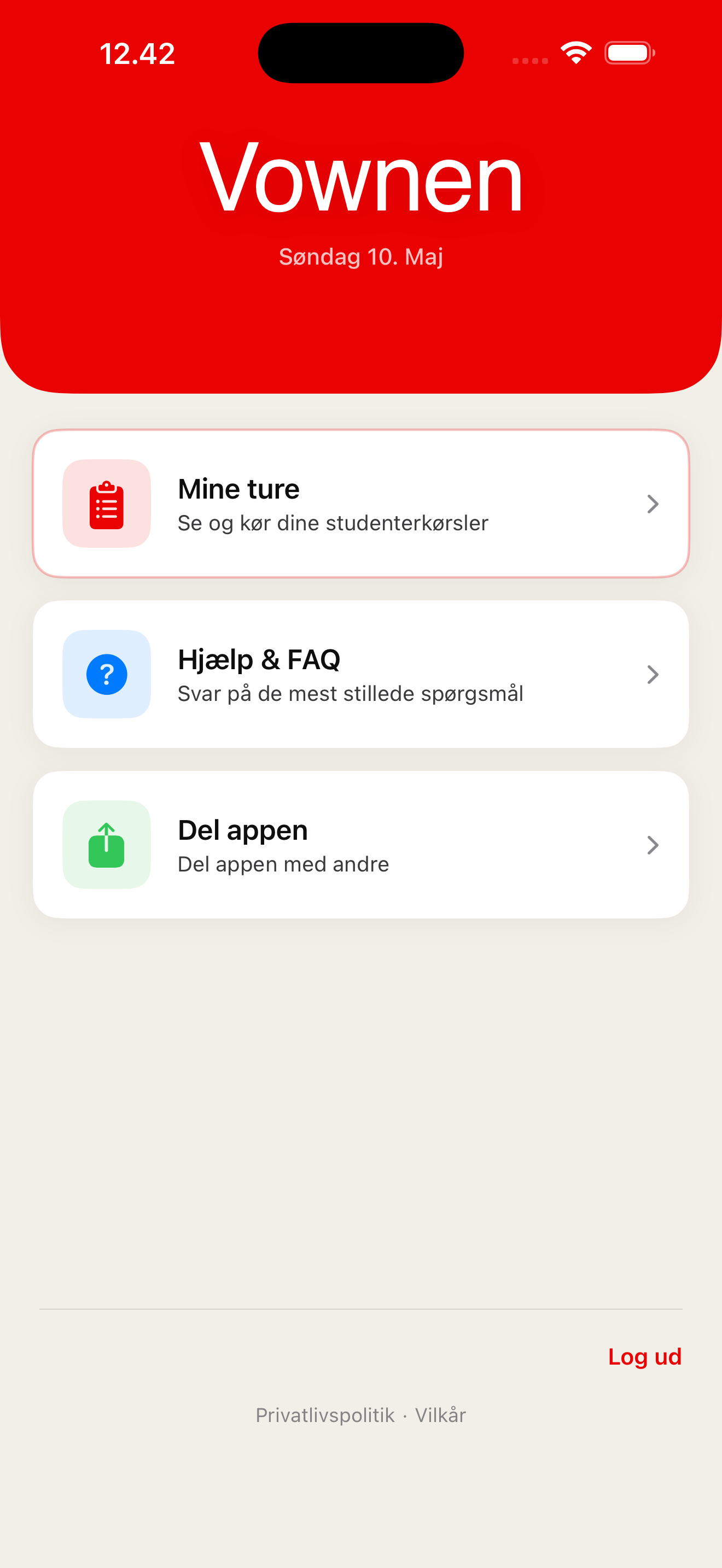 Skærmbillede af Vownen-app der viser ruteplanlægning på iPhone