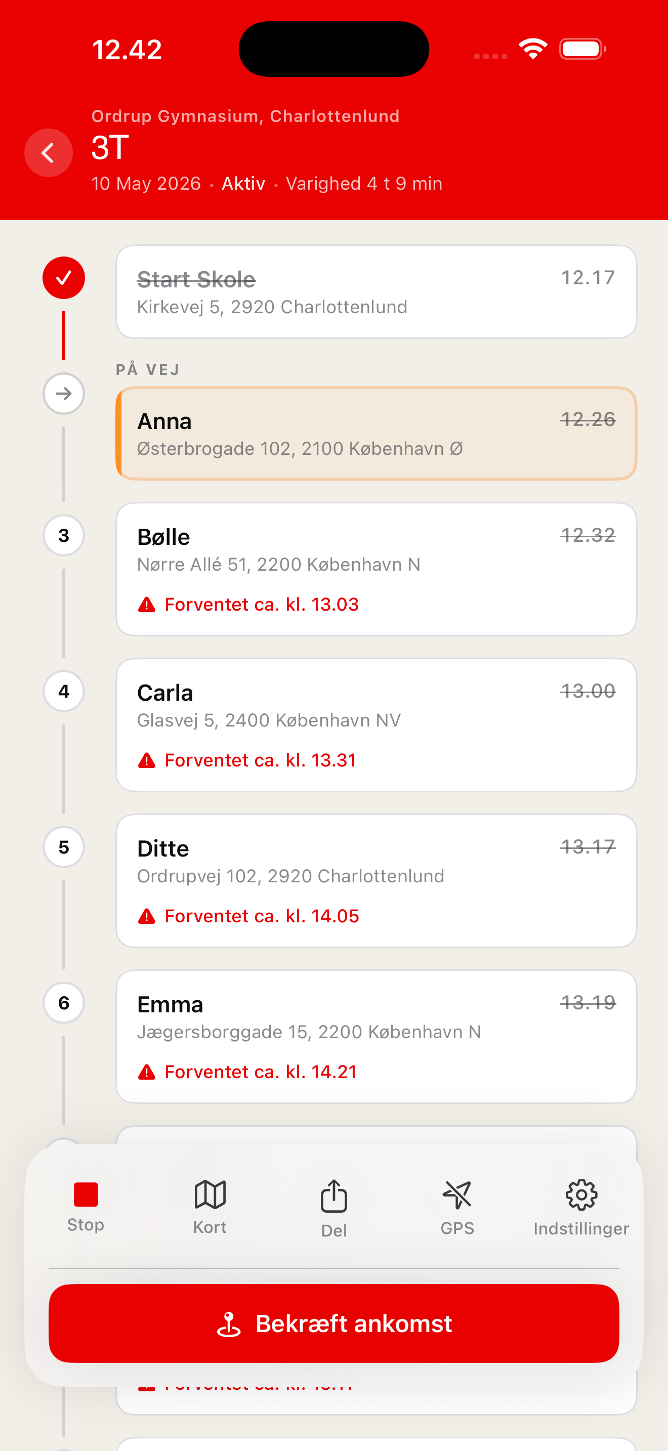Familievisning i browseren med ankomsttider